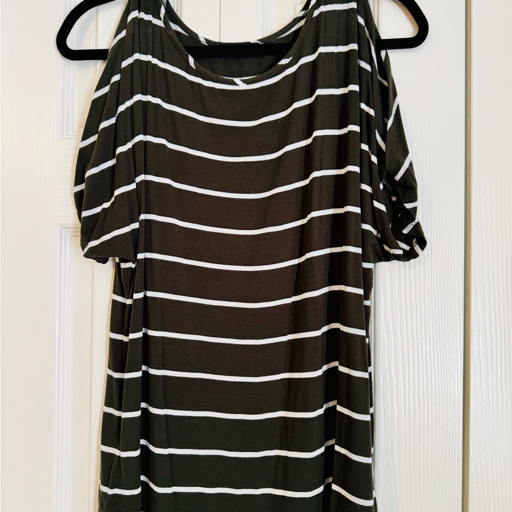 Women’s Striped Cold-Shoulder Short Sleeve Top, Olive Green & White, Small - Picture 1 of 4